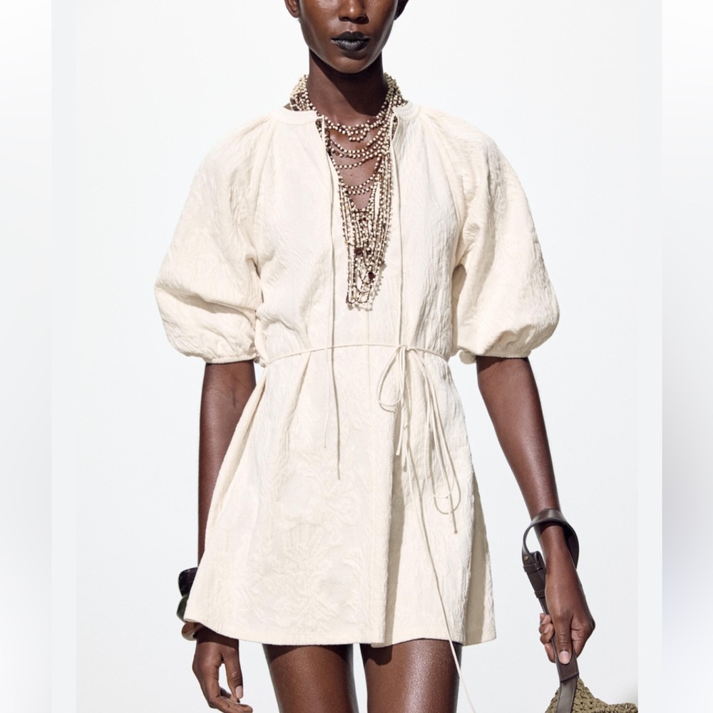 Zara Cream Textured Mini Dress with Puff Sleeves